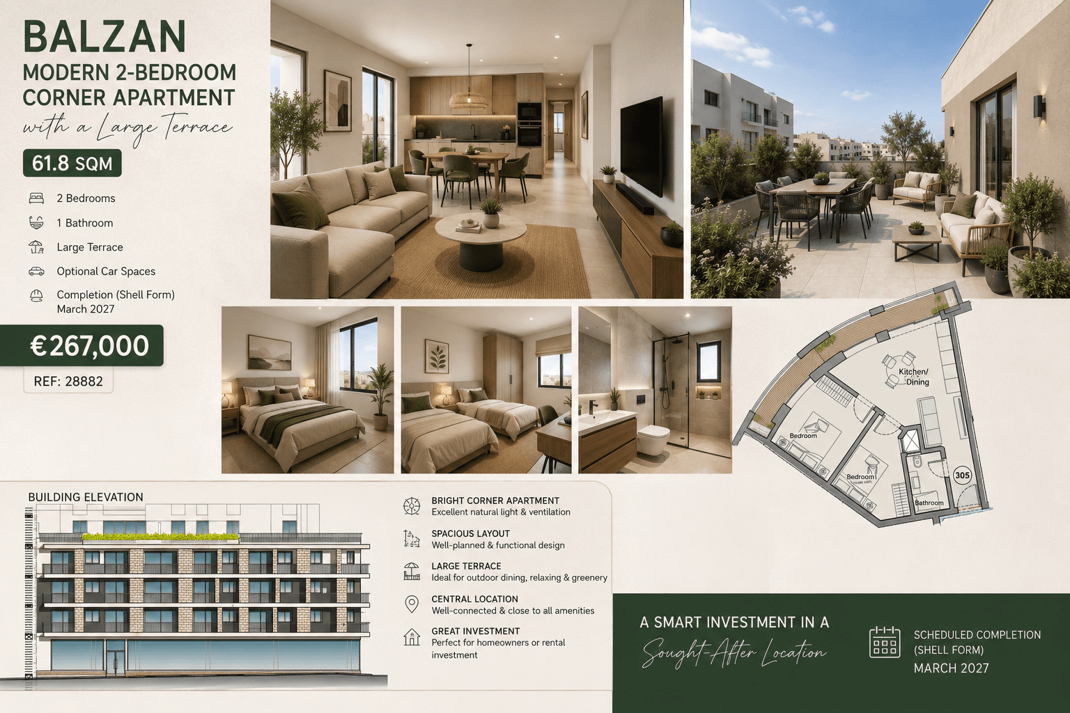 Modern 61.8 sqm 2-Bedroom Corner Apartment with A Large Terrace in Balzan