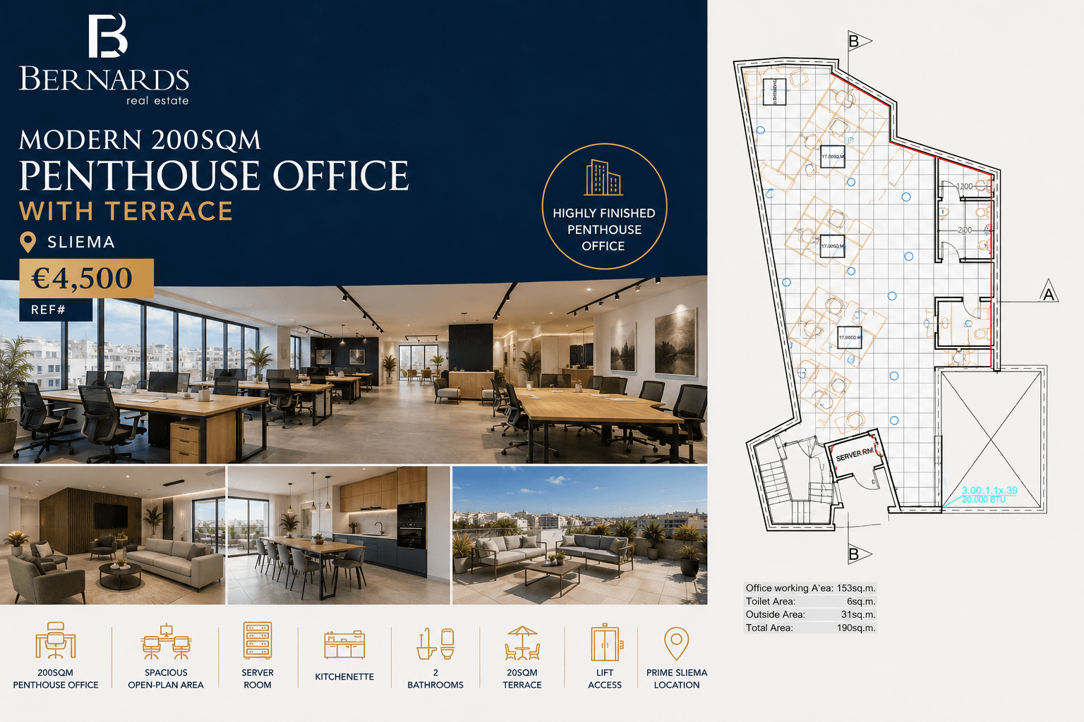 Modern 200sqm Penthouse Office with Terrace in Sliema